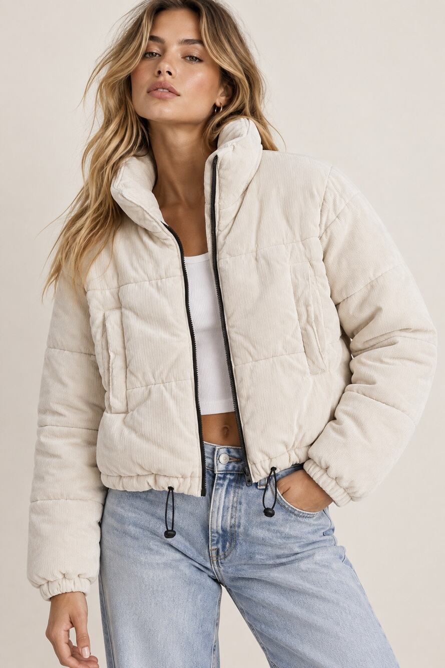 Princess Polly Corduroy Puffer Jacket – Off White – Size 2